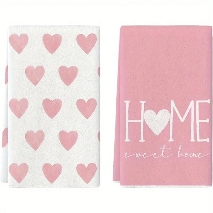 2pcs Heart Pattern Kitchen Towels, 3 Color Choices - 16x24 Inch Super Soft, Absorbent Dish Cloths - Machine Washable Fabric Towels With Valentine's Heart Design, For Home Decor, Holiday Gifts, Wedding Decorations, Dish Rags (Red, Pink, Black)