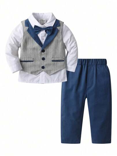 BLUE SAYING 3 件套男婴绅士装 - 海军蓝条纹背心、海军蓝蝴蝶结裤、白衬衫