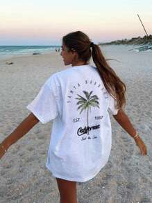 Women's Casual Crew Neck Palm Tree & Letter Print Vacation Style Short Sleeve T-Shirt Top - Grey - View 1