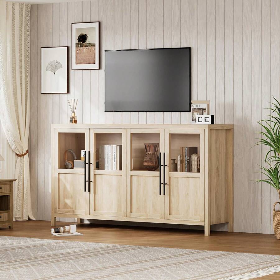 Ataucjin Aparador con puertas de cristal,mueble moderno de granja de 67 pulgadas para TV, consola de centro de entretenimiento para TV de hasta 80 pulgadas - color de madera - Ver 1