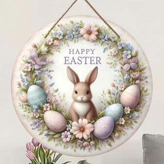 1 个复古风格的复活节快乐花环标志 - 8x 8 英寸木制圆形墙壁装饰，配兔子和鸡蛋 - 多用途家居、房间、门廊装饰 - 英文文本