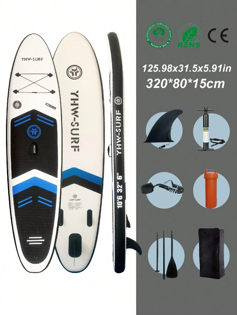 YHW-SURF 1 Set Inflatable Stand Up Paddle Board, Includes Full Accessories: Hand Pump, Detachable Paddle, Leash, Backpack, Removable Fin And Repair Kit