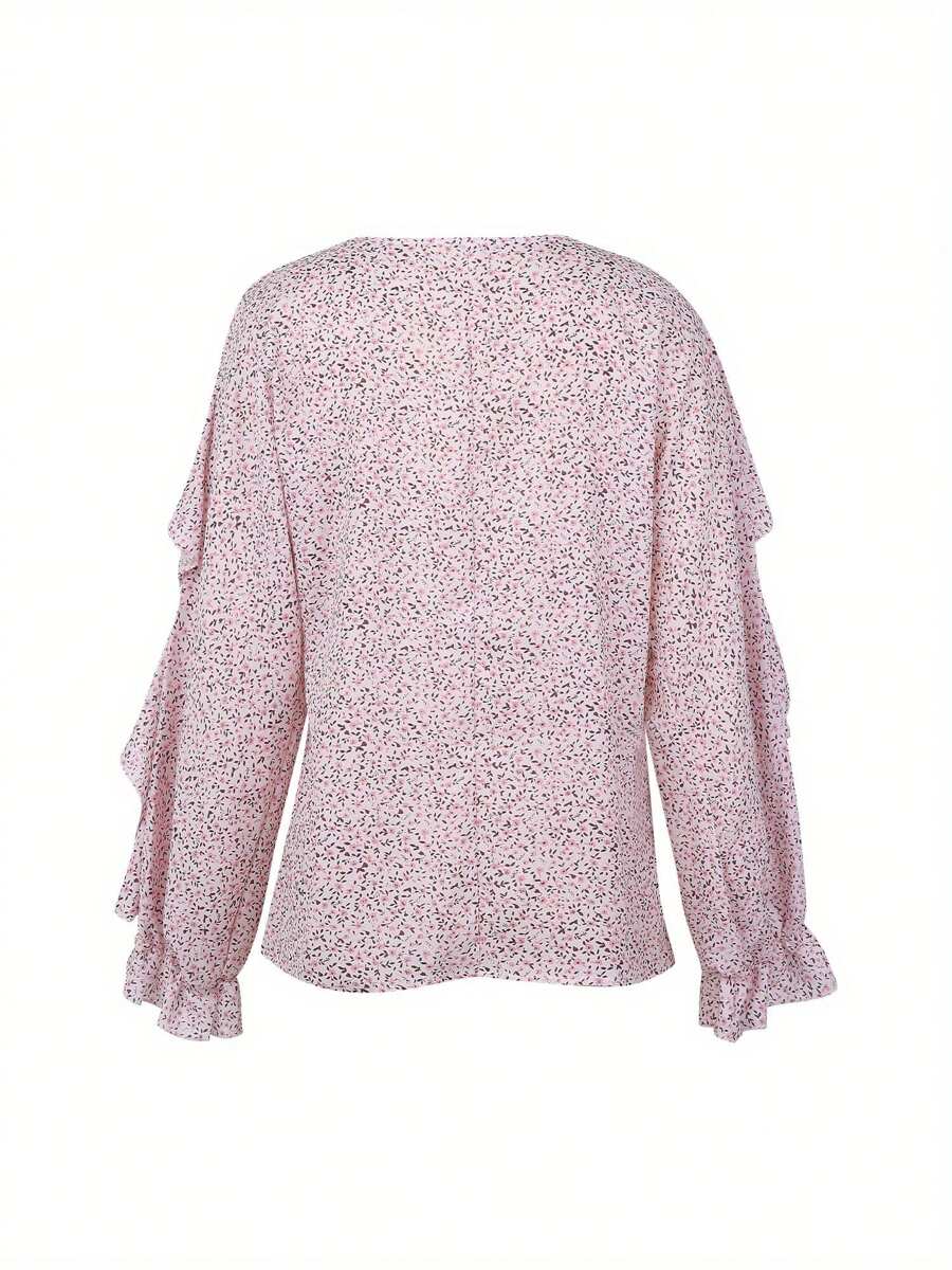 Women Button-Down Ruffle Shirt, Adults Solid Color/Letter/Butterfly/Plant Print V-Neck Long Sleeve Blouse - Bright Pink - View 1