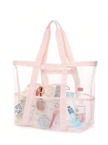 Bolsa de playa de malla de poliéster hueca de gran capacidad, bolsa de lavado para viajes, bolsa de almacenamiento para natación, bolsa de playa minimalista de malla. Regalo del Día de la Madre para mamá, perfecto para vacaciones en la playa, compras y artículos esenciales para vacaciones.