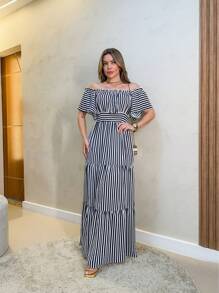 AMY FASHION LONG STRIPED DRESS DECIDO DUNA WITH LINING FASHION 2025 - màu đen - Xem 3