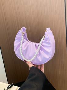 Túi xách nữ màu trơn, Túi đeo vai chuỗi ngọc trai hình lưỡi liềm, Túi đi làm xếp ly hình đám mây cho nữ - Màu tím - Xem 8