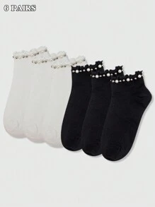 1双/5双/6双装女士仿珍珠串珠隐形袜，保暖棉袜，适合春夏穿着，柔软舒适，黑白休闲蓬松款，适合日常穿着，居家、办公、学校、运动皆宜，可爱星星、月亮和爱心图案，舒适保暖。 - 彩色 - 查看 5