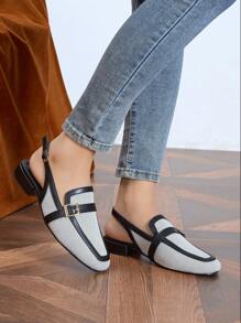 2025秋季女士时尚露趾拖鞋凉鞋，低跟拼色穆勒鞋，春夏帆布鞋杏色，乐福鞋 - 杏色 - 查看 3