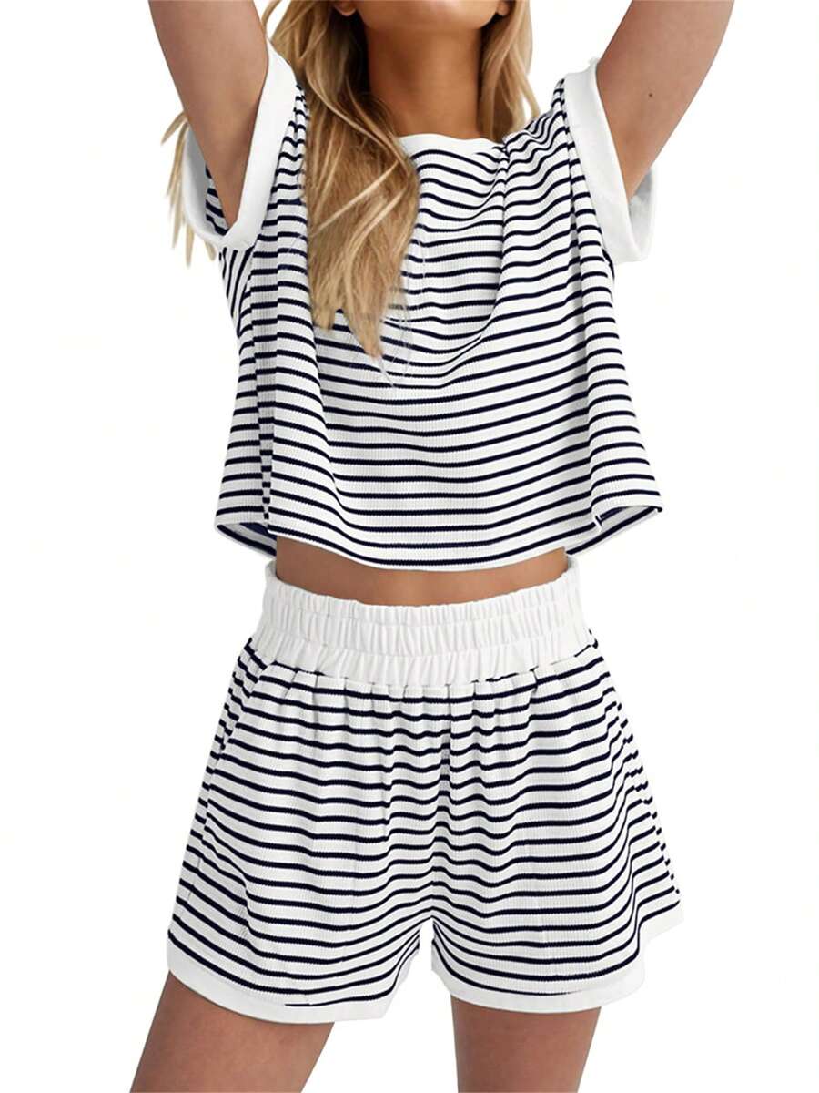 2 Piece Lounge Set For Women Striped Knit Short Sleeve Tee Shirts Shorts Sets Casual Summer Loungewear Matching Sets - trắng - Xem 1