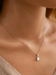 奢華優雅的水滴形天然蛋白石耳環/吊墜項鍊珠寶套裝，S925純銀低敏高級珠寶，適合女士日常派對重要場合佩戴，適合男士送給妻子/女友，女兒送給媽媽，週年慶情人節母親節等節日禮物，附贈禮盒 - 銀色 - 查看 6