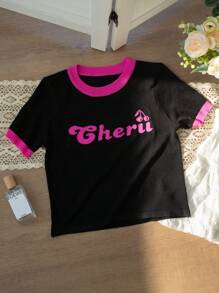 Spring/Summer American Casual Black Short Sleeve Design Letter Color Block T-Shirt Hot Girl Stretch Slim Short For Daily, Street, Commuting, Home And Other Occasions To Wear Women Knit Tops