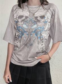 Women's Retro Street-Style Y2K Skull Print Gothic Short Sleeve T-Shirt, Aesthetic Harajuku Tee - Dusty Purple - View 5