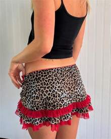 Women Mini Short Skirt Low Waisted Leopard Print Ruffle Lace Edge Fashion Short Skirt - Red - View 8