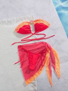 Nieuwe zachte effen kleur kant splicing spaghetti band halter rugloze elegante party bikini set met wikkelrok, vrouwen zomer strand mode bikini