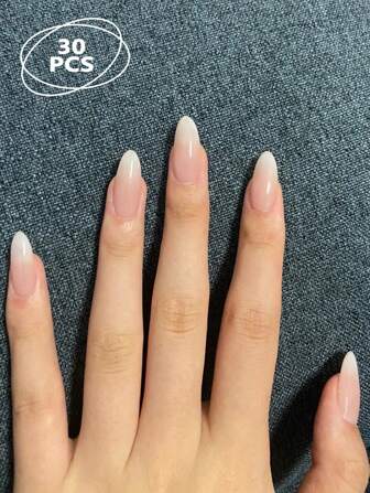 Mother's Day, Daily Wear, 30pcs Long Pointed Nude Ombre White False Nails, Comes With 1 Nail File And 1 Bottle Of Jelly Gel Press-On Nails, Manicure Supplies