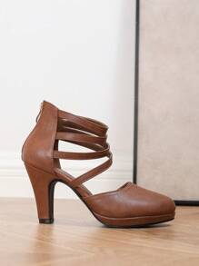 秋冬女士棕色高跟凉鞋，多条踝带拉链设计，粗跟，圆头，镂空，舒适优雅，适合夏季穿着，优雅，适合派对，女士厚底高跟鞋 - 棕色 - 查看 5