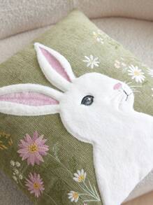 1 pieza Funda de cojín decorativa con bordado floral de conejo, adecuada para decoración interior, funda de cojín de tiro para todas las estaciones sin relleno - Verde - Ver 3