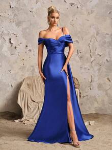 Vestido Longo Assimétrico de Baile Gracioso, Cintura Alta Para Mulheres, Fenda Lateral Drapejada, Elegante Vestido de Noite Formal Para Baile, Formatura ou Jantar - Azul Royal - Visão 4