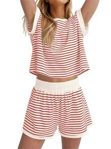 2025 Spring And Summer Matching Set | Retro Stripe Graphic Crop Top + Ribbed Shorts, Women's Y2K Streetwear 2 Piece Outfits - Red - View 1
