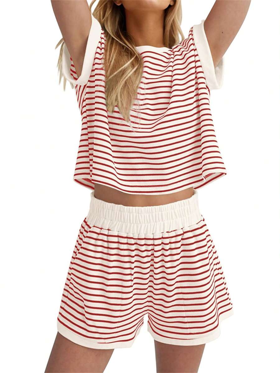 2025 Spring And Summer Matching Set | Retro Stripe Graphic Crop Top + Ribbed Shorts, Women's Y2K Streetwear 2 Piece Outfits - Red - View 1