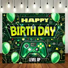 1pc Polyester Happy Birthday Backdrop, Upgraded Gaming Theme Photography Background, Game Party Decor, Video Game Theme Birthday Party Backdrop, Cake Dessert Table Banner, Photo Prop, Indoor/Outdoor Party Decoration