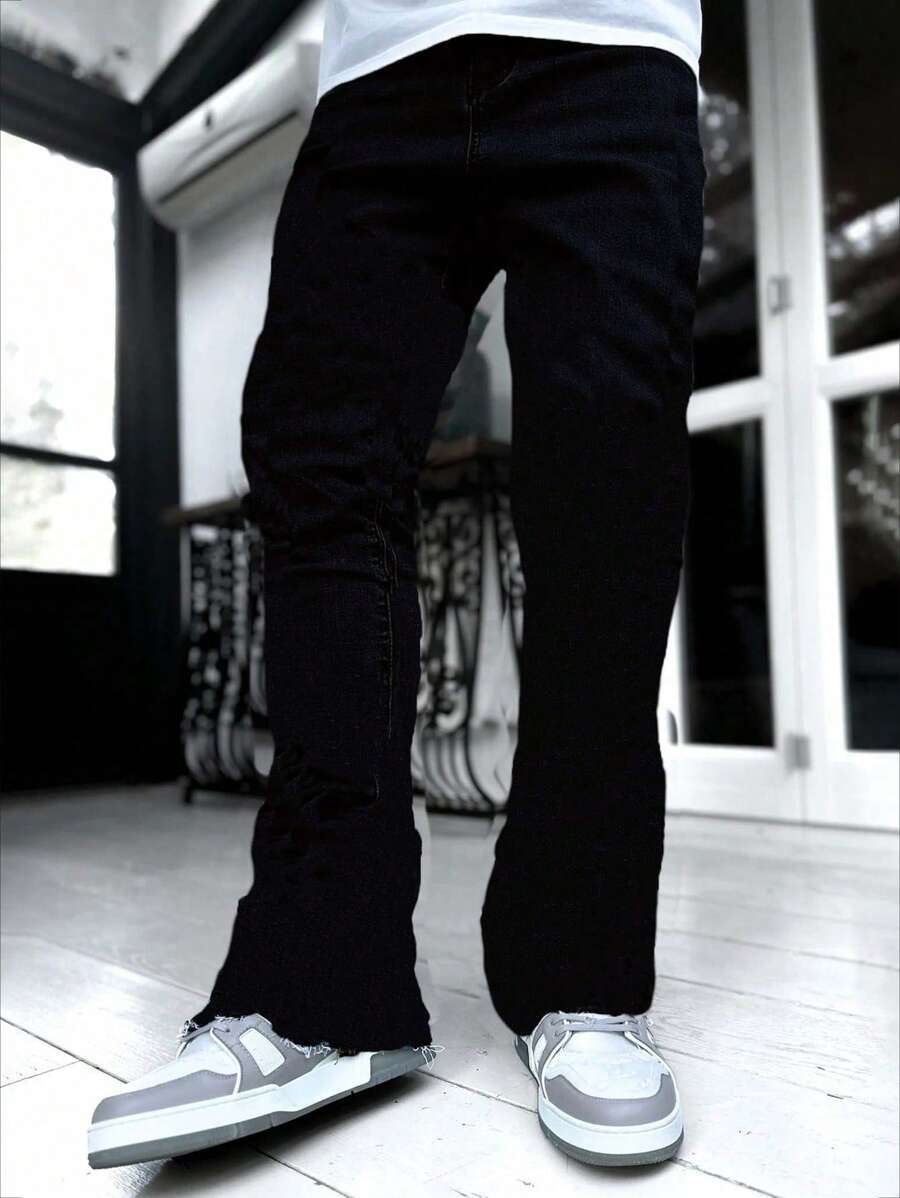 Tween Boys' Casual Elastic Waist Jeans With Pockets, All-Season - Black - View 1