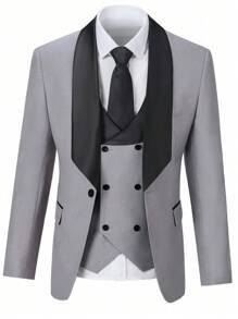 Furuyal Men's Suits Gentleman Solid Slim Fit Business 3 PiecesSuit For Men Blazer Double Breasted Vest Pants Set Party Wedding Prom Light Gray Size XS-3XL