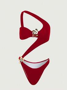 新款夏季女士性感红色镂空单肩休闲沙滩度假派对连体泳衣 - 紅色 - 查看 2