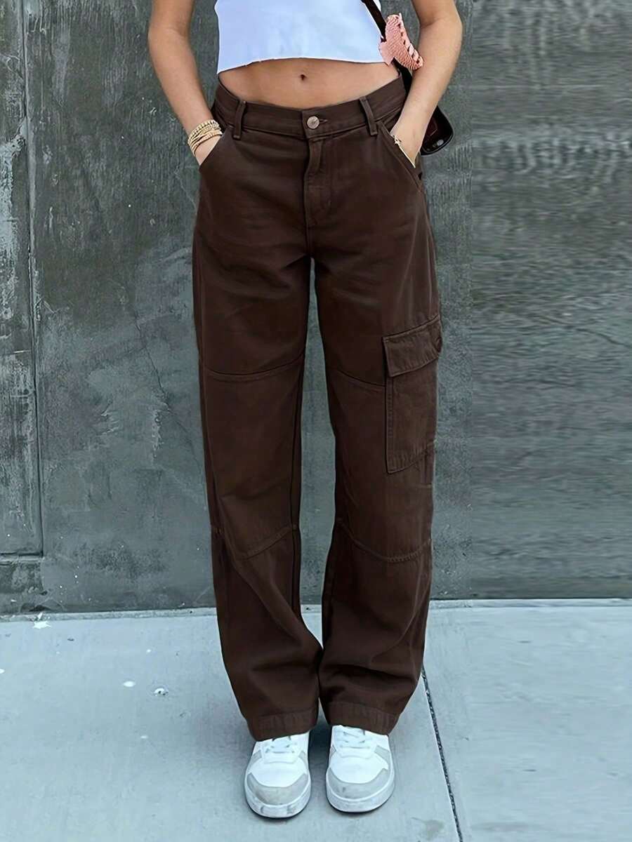 Y2K Women's Denim Jeans Cargo Pants Straight Leg No Stretch Side Pocket Casual Fashion Trousers Stylish Comfortable Everyday Wear For Women Denim Bottoms - 棕色 - 查看 1