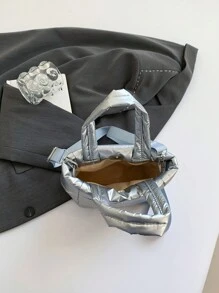 简约轻便尼龙羽绒夹克、多功能迷你手提包和单肩包 - 銀色 - 查看 6