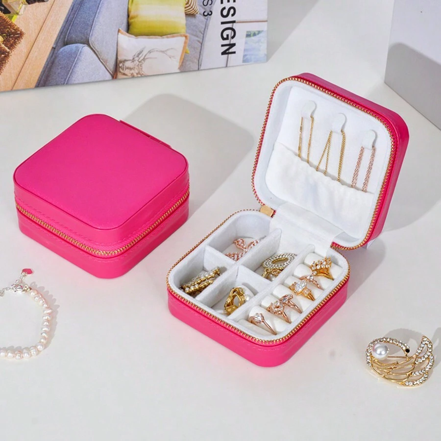 1pc Synthetic Leather Necklace Ring Earring Storage Lockable Gift Case Jewelry Box Organizer - Multicolor - View 1