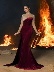 Faeriesty Rhinestone Detail Sheer Bodice Contrast Velvet Mermaid Hem Formal Dress, Party Dress, Wedding Guest Dress, Evening Dress