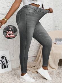 Plus Size Women Skinny Leggings, Full Body Denim Effect, High Stretch, Fashionable Casual Comfortable Sweatpants - Dark Grey - View 2