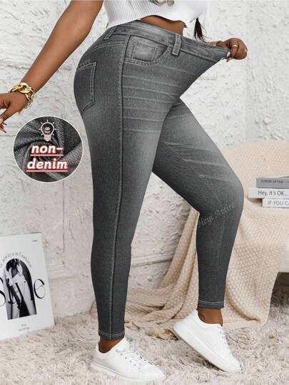 Plus Size Women Skinny Leggings, Full Body Denim Effect, High Stretch, Fashionable Casual Comfortable Sweatpants