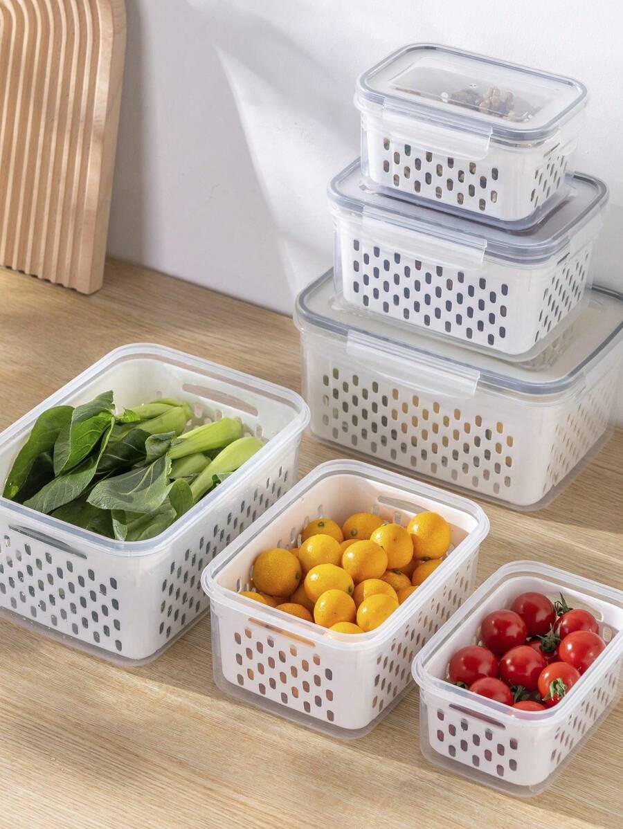 6pcs Set: Leak-Proof Food Storage Containers - 2-Layer Airtight Design For Easy Meal Prep, Reusable & Stackable Kitchen Organizer For Fruits, Vegetables, Meats & Grains - 黑與白 - 查看 1
