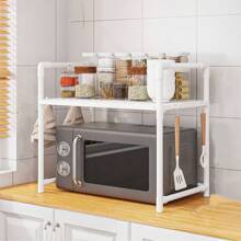 1pc Multi-Purpose Floor Standing Storage Rack With Handles And Hooks - Sturdy Plastic/Metal, Adjustable Shelves, Suitable For Microwave, Oven And Accessories Storage - Perfect For Countertops, Bedroom And Bathroom Essentials