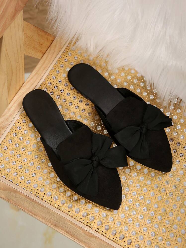宽版女式黑色尖头低跟平底鞋，带蝴蝶结，一脚蹬，休闲/日常穿着，春夏，舒适，超大码，欧码 36-43 - 黑色 - 查看 6