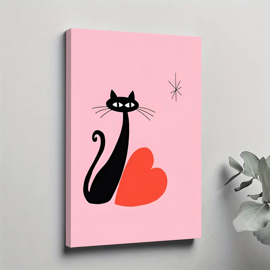1Pc Valentine's Day Wall Art Prints, Pink Valentine's Day Black Cat And Love Heart Art Poster Valentines Wall Decor For Wedding Home Living Room Bedroom, Gift For Men Women Couples Lovers - Multicolor - View 1