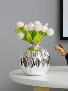 1 pieza Jarrón cerámico redondo, estilo de lujo con baño de oro/plata, adecuado para flores, festivales, escritorio, oficina, estantería, pasillo, decoración del hogar para el Día de San Valentín, decoración del hogar, útiles escolares, jarrón de flores, jarrón de vidrio