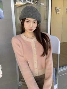 女士春秋休闲撞色毛绒前扣开衫 - 粉色 - 查看 6