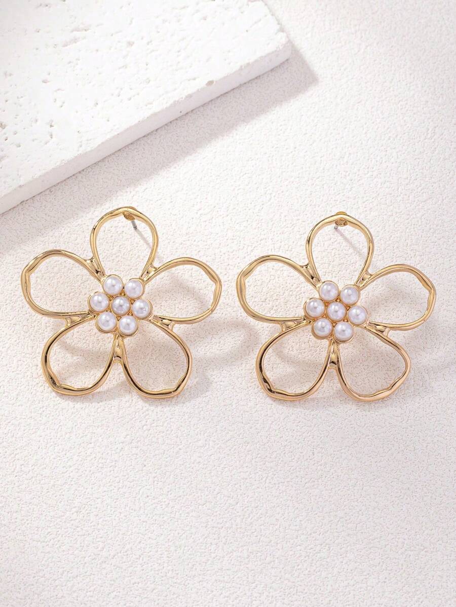 1 Pair Geometric Exaggerated Pearl Petal Drop Earrings - Gold Pearl Earrings - View 1