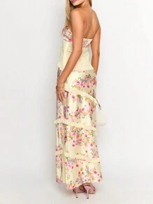 Women's 2 Piece Skirt Sets Off Shoulder Split Front Strapless Crop Tube Top Bodycon Maxi Skirt Summer Floral Outfits - Bụi hồng - Xem 4