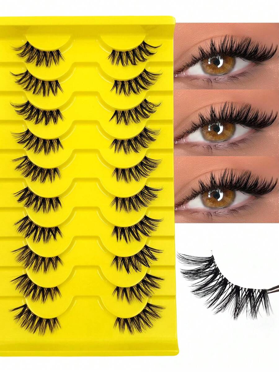Asiteo 10 Pairs Natural Looking Fluffy Criss-Cross Cat Eye False Eyelashes, 3D Faux Mink Eyelashes, Makeup Lengthening Winged Eyelash Extensions - 眼尾拉長款 - 查看 1