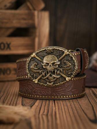 1ชิ้น เข็มขัดหนัง PU สีน้ำตาลวินเทจ หัวเข็มขัดปั๊มลายหัววัวสไตล์คาวบอยตะวันตกสำหรับผู้ชาย (ลายแบบสุ่ม)