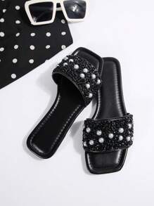 大码女式一脚蹬水钻装饰露趾凉鞋，休闲百搭户外塑料平底凉鞋防滑，女士春夏季家居拖鞋