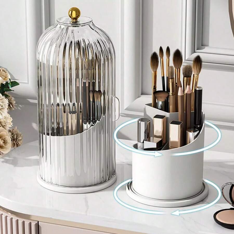 360° Rotating Makeup Brush Holder Storage Box Desktop Cosmetic Organizer W/ Lid - White+Transparent - View 1