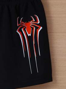 2 件男童休闲蜘蛛图案柔软针织短袖 T 恤和短裤套装，春夏季户外服装 - 紅色 - 查看 6