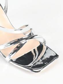 Women's Fashion High Heel Sandals - Metal PU Leather Flat Strap Criss-Cross Sandals, Minimalist Non-Slip Strappy Sandals, Classic Square Toe Sandals, Transparent Crystal Heel Asymmetric Heel Sandals, Triangle Heel High Heel Sandals, Summer Outdoor Regular Sandals, Metallic Silver Ladies Sandals