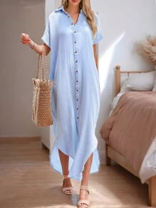 SANOPY Summer Dress,Womens Casual Short Sleeve Side Split Button Down Long Cardigans Swimsuit Cover Ups Dress - Baby Blue - View 4