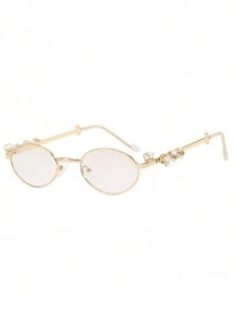 1pc Women's Oval Tiny Frame Personalized Rhinestone Studded Metal Design Vintage Elegant Luxe Punk Chic European & American Fashion Statement Party Glasses For Summer Beach Vacation, Outdoor, Travel - Multicolor - View 8